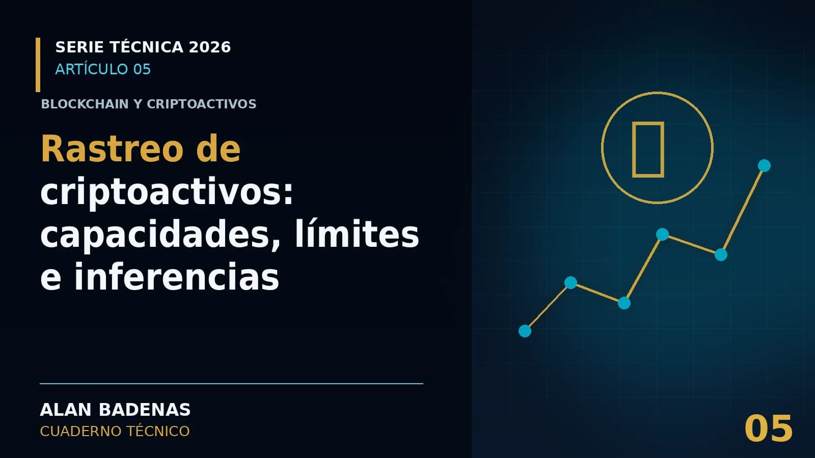 Portada del artículo sobre rastreo de criptoactivos, con una moneda y un flujo de transacciones.
