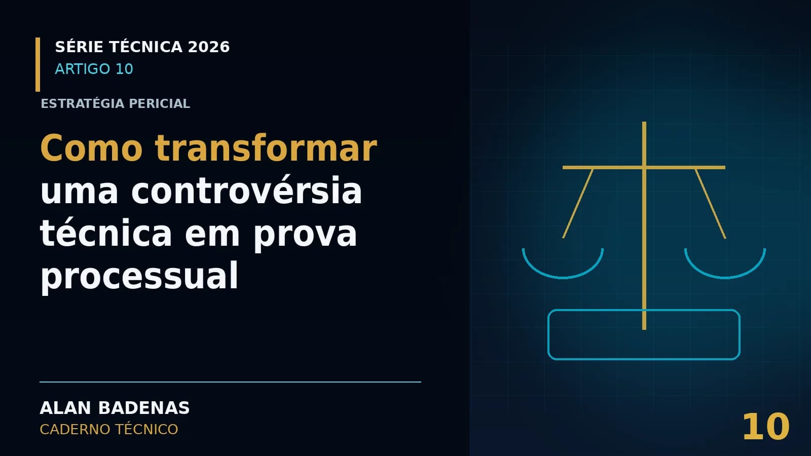 Capa do artigo sobre controvérsia técnica e prova processual, com um símbolo linear de análise.