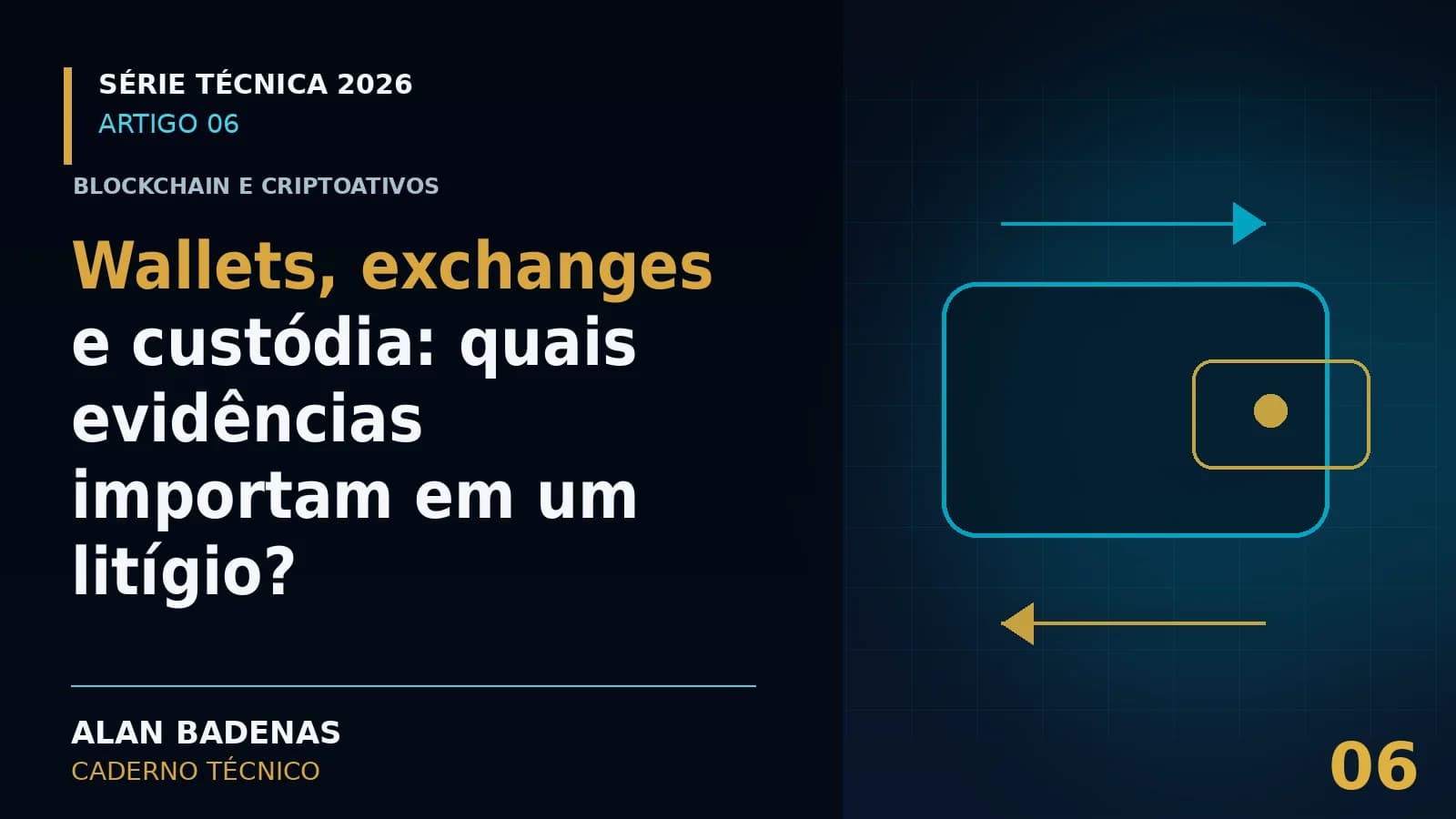 Capa do artigo sobre wallets, exchanges e custódia, com uma carteira e setas de transferência.